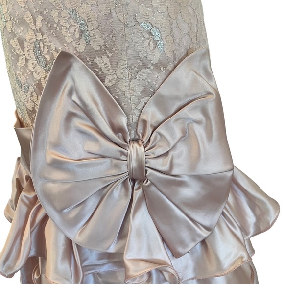 Vintage 80s Pink Lace Satin Ruffle Bow Prom Dress Strapless Sirencore coquette 9 - Picture 4 of 10